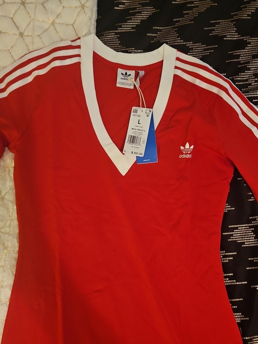 Adidas Red V-Neck Maxi Dress with White Trim and Shoulder Stripes